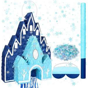lot 3077 image: Winter Castle Piata Princess Wonderland Themed Pinata with Stick Confetti and Blindfold for Winter Princess Birthday Party Game Supplies Decorations