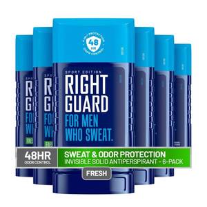 lot 4010 image: Right Guard Sport Fresh Scent Antiperspirant and Deodorant Invisible Solid - 4-in-1 Deodorant For Men, Blocks Sweat, 48-Hour Odor Protection, Quick-Drying, and Long-Lasting, 2.6 oz (6 Pack)