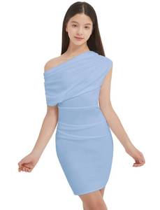 lot 4028 image: EXARUS Girls Bodycon Dress Pre Teen Ruched Evening Party Graduation School DacneFormal Dresses Tween Mini Stretch Cowl Neck One Shoulder Short Tight Fitted Pencil Sky Blue 10Y