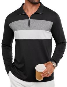 lot 4033 image: Epoleatries Mens Quarter Zip Polo Shirt Long Sleeve Color Block T Shirts for Men Lightweight Casual Striped Golf Polos Black XL