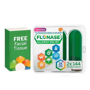 lot 4039 image: Flonase Allergy Relief Nasal Spray  24 Hour Non Drowsy Allergy Medicine  Metered Nasal Spray - 144 Sprays (Pack of 2)  Bonus Pack of Tissues- Fall and Seasonal Allergy Relief
