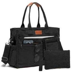 lot 4415 image: Corduroy Tote Bag for Women 2Pcs Set, 14-Pocket Lightweight Laptop Work Tote, Teacher and College Travel Crossbody Bag (360Black)