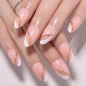 lot 4456 image: evpct French Tip Press On Nails Short Almond, Nude  Gold Pink Line and White Tips, Short Almond Fake False Press on Nails, Reusable Gel Stick on nail Press ons Nail Kit, Salon Quality