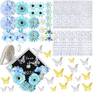 lot 4458 image: Wavwavw 53 Pcs DIY Graduation Cap Decorations Kit, 2026 Grad Cap Topper Include Faux Flowers 3D Butterfly Self Adhesive Pearl Stickers Glitter Alphabet Letter Decals for Party Decor(Light Blue)