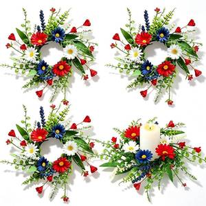 lot 4498 image: 4 PCS Patriotic American Candle Rings Wreaths Artificial 4th of July Floral Candle Rings Holder with Daisy Flowers Mini July Independence Day Wreath for Party Home Table Centerpiece Decor