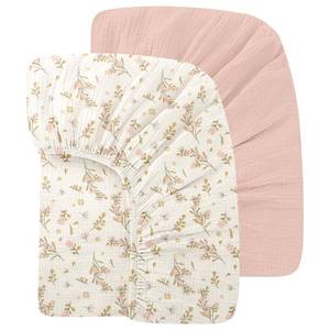 lot 4499 image: Organic Baby Crib Sheets 52x28 Inches 2 Pack 100percent Muslin Cotton Soft Fitted Crib Mattress Sheet for Baby Girls, Boho Toddler Bed Sheets Fits Well Standard Size Crib Mattress 28x52 Inches Floral and Pink