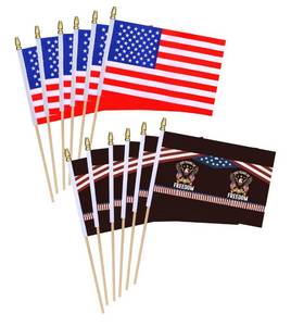 lot 6287 image: 12 Pack 250th USA Anniversary Small Mini Wood Hand Held Stick Flag,with Eagle Design,5.5  8.2 Inch. Lot of 2