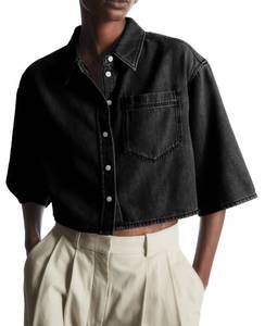 lot 6327 image: Tankaneo Womens Crop Denim Shirt Half Sleeve Button Down Short Jean Jacket with Pocket Black size XL used