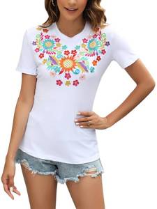 lot 6330 image: Mexican Shirts for Women Embroidered Tops Traditional Summer Blouse Womens Floral Tunic Short Sleeve Cinco De Mayo Fiesta Outfit Fiesta Clothing Casual Short Sleeve Style Sunflower White size M