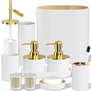 lot 11607 image: InnJoey Bathroom Set, 10PC Bathroom Accessory Set, White Bathroom Accessories, White and Gold Bathroom Set with Trash Can, Soap Dispensers