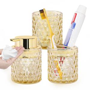 lot 11608 image: Fvstar Bathroom Accessories Set, 3pcs Amber Glass Bathroom Accessory Set,Toothbrush Holder, Foaming Soap Dispenser and Tumbler, Gold Bathroom Decor Sets for Organizer, Home Apartment Gift