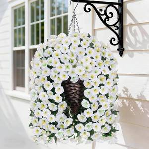 lot 11611 image: HyeFlora Artificial Faux Hanging White Flowers Plants Basket for Outdoor Outside Christmas Winter Decor, Fake UV Resistant Realistic Morning Glory Flowers for Porch Home Balcony Yard Patio Decoration