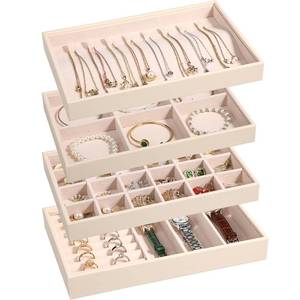 lot 11613 image: LANDICI Stackable Jewelry Organizer Trays 4 Set,PU Leather Jewelry Organizer Drawer,Jewelry Storage Display Tray for Earring Necklace Rings Bracelet with Removable Dividers,Apricot