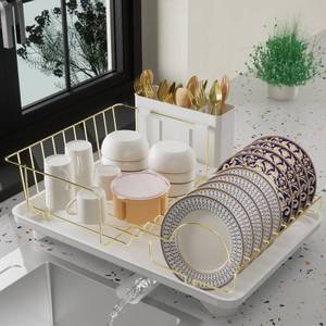 lot 11616 image: Buruis Dish Drying Rack for Kitchen Countertop, Large Capacity Gold Stainless Steel Dish Drainer with Anti-Slip Rubber Feet, Removable Drain Board and Utensil Holder (White Tray)