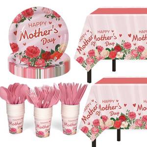 lot 11626 image: Childom Mothers Day Decorations for Party,132 Pcs Disposable Mothers Day Plates Tablecloth Cups Knives Spoons Forks for Party Supplies,Plates Tableware for Moms Birthday,Home,Brunch,Dinner,Serves 26