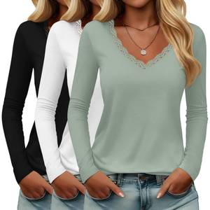 lot 11640 image: Huukeay 3 Pack Womens Lace Long Sleeve Shirts Deep V Neck Modal Basic Tees Slim Fit Casual Sexy Fall Y2k Going Out Tops(Light Green, White, Black,Small)