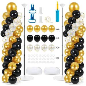 lot 11673 image: 2 Pack Balloon Column Stand, 6.5 FT Height-Adjustable Balloon Column Stand Kit, Include 100 Black and Gold Balloons (Used)