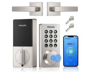 lot 11678 image: Philips WiFi Keypad Door Lock with Handle, Built-in WiFi, APP Remote Control, Voice and Fingerprint Unlock, Smart Locks for Front Door with Auto Lock, Keyless Entry Deadbolt, Satin Nickel