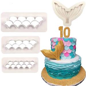 lot 12000 image: 4PcsSet Mermaid Tail Silicone Fondant Mold and Scale Fondant Cutter, Fish Scales Pattern Geometric Embossing Biscuit Cookie Cutter DIY Mermaid Birthday Party Cake Decorating Supplies