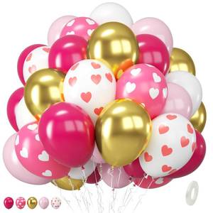 lot 12020 image: Pink Gold Balloons,12 Inch Heart Printed Balloons, Metallic Gold Hot Pink Maca Pink Latex Balloon with Heart Printed Balloon for Mothers Day Wedding Girls Women Birthday Party Decorations