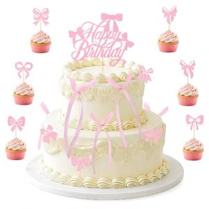 lot 12359 image: 25 Pcs Bow Cake Toppers with Pink Birthday Cake Topper, Pink Bows for Cake Bowknot Ribbon Cupcake Topper for Birthday Wedding Anniversary Baby Shower Coquette Party