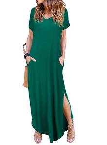 lot 12370 image: Arolina Women Summer Maxi Dress Short Sleeve V Neck Casual Loose Long Split Dresses Beach Vacation Sundress with Pockets Dark Green Size S
