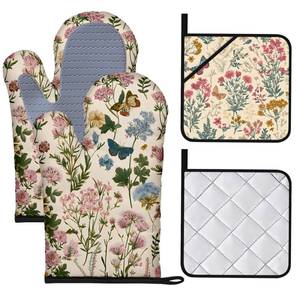 lot 12378 image: BVBOX Oven Mitts and Potholders Set of 4 Heat Resistant Oven Gloves and Pot Holders with Non-Slip Silicone Surface for Kitchen Cooking Baking Grilling (Retro Floral Butterfly, Set of 4)