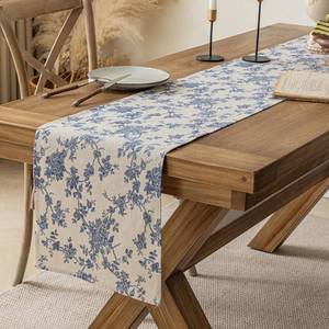 lot 12416 image: Pastoral Table Runner - 14 x 60 Inch Rectangle - Washable Tabletop with Dust-Proof Wrinkle Resistant for Restaurant, Picnic, Indoor and Outdoor Dining, Floral (Dark Blue)