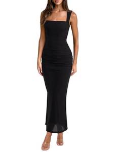 lot 12424 image: Misng Elegant Bodycon Ruched Maxi Dress Sleeveless Wedding Guest Mesh Square Neck Long Dress Black