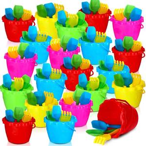 lot 13246 image: Lenwen 24 Packs 6.3in Beach Sand Buckets Shovels and Rakes Set for Kids Summer Beach Toys Pool Party Favors Accessories Easter Basket Stuffer(Stylish)