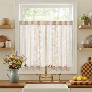 lot 14339 image: jinchan Belrose Linen Floral Kitchen Curtains 36 inch Length Embroidered Farmhouse Cafe Curtains for Living Room Bathroom Small Windows Curtain Set Sheer Light Filtering 2 Panels Ivory