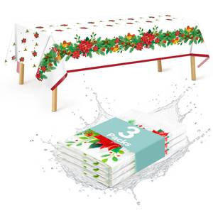 lot 14387 image: DecorWoo 3 Pack Tablecloth, Plastic Table Cloth 54 x 108 Inch Rectangular, Disposable Waterproof Holly Red Ribbon Garland Table Cover, Party Supplies Mothers Day Bachelorette Spring Decorations