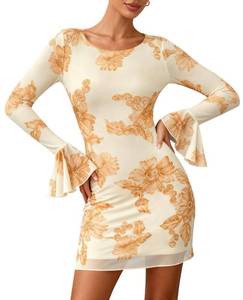 lot 14390 image: PRETTYGARDEN Womens Floral Dress Spring Fall Fashion Long Bell Sleeve Flower Mini Short Mesh Bodycon Party Dresses (Beige,X-Large)