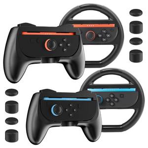 lot 14391 image: FUNDIARY Black Grips Case for Nintendo Switch 2 Joycon, Anti-Slip Grip  Quick-Release Mount Controller Accessories Kit with 2 Switch 2 Steering Wheel, 2 Switch 2 Joycon Grip Cover and 8 Thumb Caps
