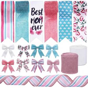 lot 14392 image: Knitgrip 8 Rolls Mothers Day Wired Ribbon Bow, 2.5in, 2in, 40 Yard Heart Flower Best Mom Wreath Bow Pink White and Blue Ribbon Gift Wrap Wired Edge Metallic Wrapping Crafts for Party Birthday DIY Decor