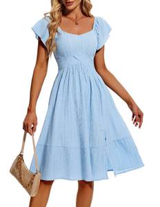 lot 14397 image: Blue Tea Party Length Dresses for Women 2026 Bridesmaid Wedding Guest Cute Split Graduation Dress A Line Cap Sleeve Semi Formal Dress Casual Midi Dresses, Blue 2XL