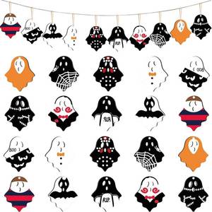 lot 14400 image: 20Pcs Wooden Halloween Ornaments Halloween Tree Decorations Horror Ghost Hanging Decorations with Hemp Rope Holiday Party Tree Decor Ghost Hanging Ornaments for Indoor Outdoor Porch Windows Decor