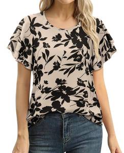 lot 14407 image: siliteelon Summer Tops for Women Print Flutter Sleeve Round Neck Blouses Dressy Casual Shirt Beach Trendy 2026
