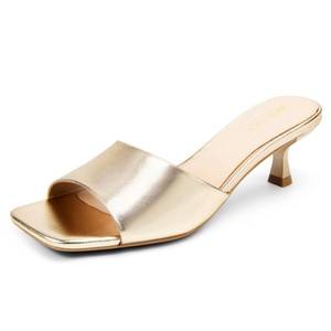 lot 14458 image: AprCoco Women Kitten Heels Sandals Low Heels Square Open Toe One Band Slip-On Heeled Mules Comfortable Dressy Vacation Sandals,Size 9.5Gold