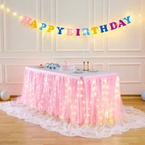lot 14459 image: PARTISKY Pink Tulle Tutu Table Skirt for Rectangle Tables or Round Table,Led Light String Table Cloth for Girls Baby Shower Birthday Party DessertCake Tables