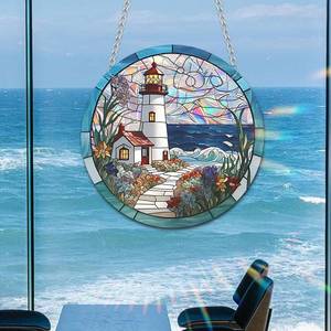 lot 14468 image: Stained Glass Lighthouse Suncatchers, Round Hanging Window Panel, Coastal Wall Art Decor for Windows, Ideal Gifts for Women, Grandma and Housewarming  Vivid Ocean - Inspired Colors, IndoorOutdoor Use