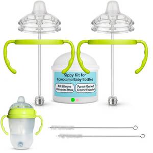 lot 14470 image: Sippy Cup Conversion Kit for Comotomo Baby Bottles 2-Count, Food Grade Silicone Spout Nipples, All Silicone Weighted Straw, Bottle Handles, Cleaning Brush, BPA-Free, 4 Months (Sippy Spout, Green)