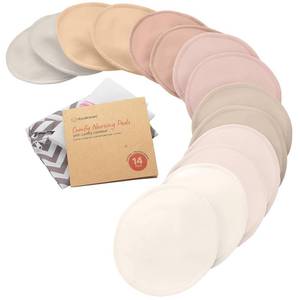 lot 14477 image: Organic Nursing Pads - 14 Washable Breast Pads for Breastfeeding, Wash Bag, Viscose Derived from Bamboo Reusable Nipple Covers for Breastfeeding Essentials, Soft and Absorbent (Neutrals, M 4.6in)