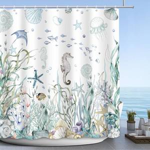 lot 14478 image: MEHOFOND Nautical Shower Curtain Coral Seashell Beach Shower Curtains for Bathroom Decor Under The Sea Themed Bathroom Shower Washable Durable Fabric Shower Curtains 72x72 in