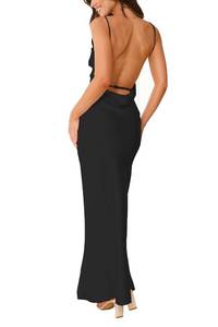 lot 14479 image: Summer Satin Maxi Dresses for Women 2026 Elegant Classy Silk Formal Sleeveless Open Back Spaghetti Strap Wedding Guest Dress Black Small