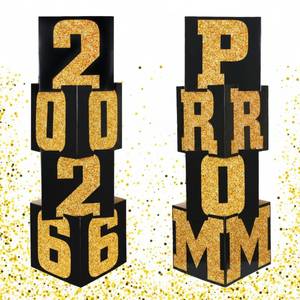 lot 14486 image: Queekay 8 Pcs Prom Column Standup Photo Booth Decorations 2026 Prom Backdrop Balloon Boxes Cardboard Decoration Column for Party College, 11.8 x 44.9 Inch(Gold, Black)
