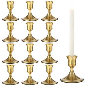lot 17397 image: 12 Pcs Brass Gold Taper Candle Holders Set, Vintage Metal Candlestick Holders Gold Taper Candle Holder Short for Dinner Room Table Centerpiece or Mantel Wedding Party Decor