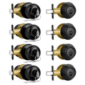 lot 17404 image: Plustool 4 Pack Front Door Lock Set,Matte Black Exterior Door Lock Set with Deadbolt,Single Cylinder Deadbolt Lock and Door Knob Set,Keyed Alike Door Knob with LockandKeys,Round Ball Entry Door Lockset