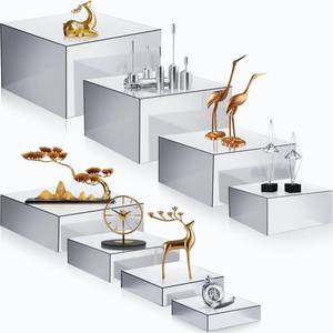 lot 17408 image: Geelin 8 Pack Acrylic Buffet Risers - 3 to 10 Inch Decorative Cube Boxes, Display Stands with Hollow Bottoms for Food Jewelry Table Display Supplies(Silver,Flat)