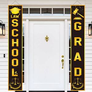 lot 18423 image: Law School Graduation Decorations, Black Gold Law School Graduation Banner, 2 Pcs Law School Grad Hanging Banners, Grad Party Decor for Porch Home Classroom Backdrop 12x71 Inch